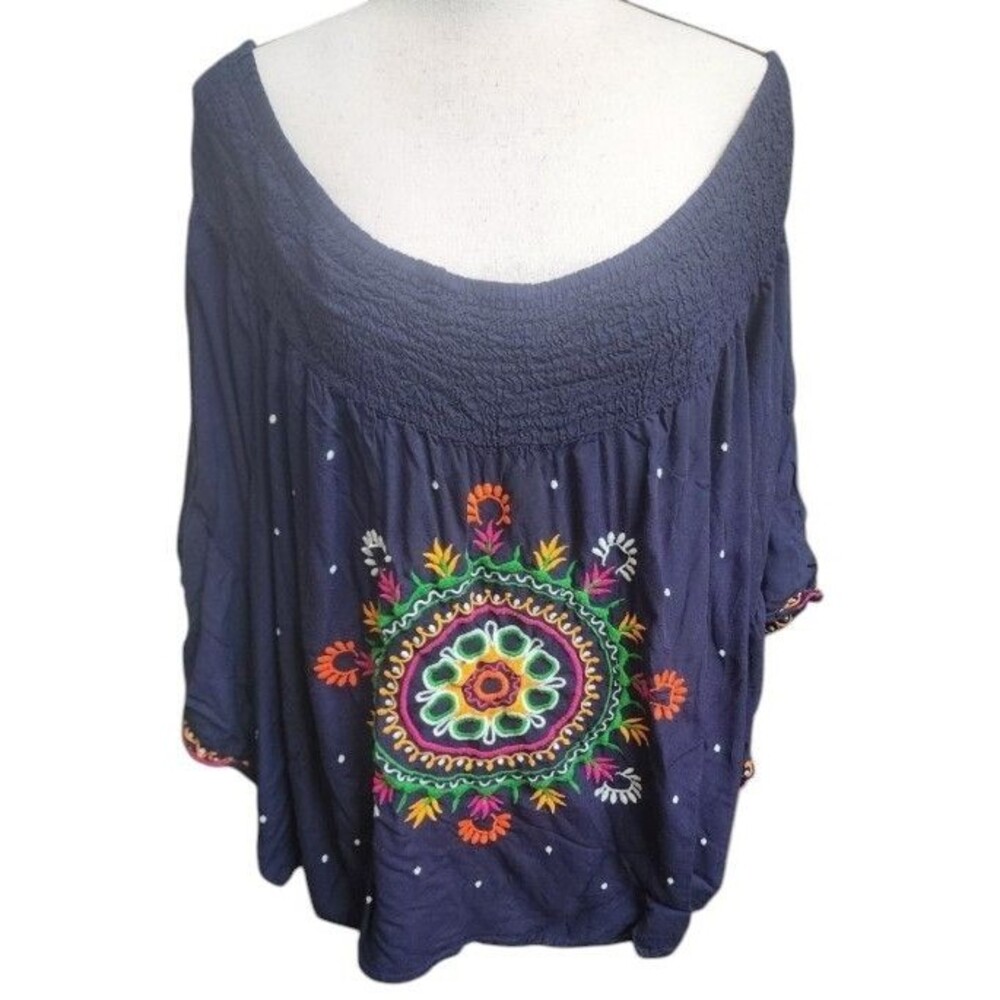 Mudpie Embroidered Peasant Blouse Off Shoulder Black Size Large Smocked Neckline